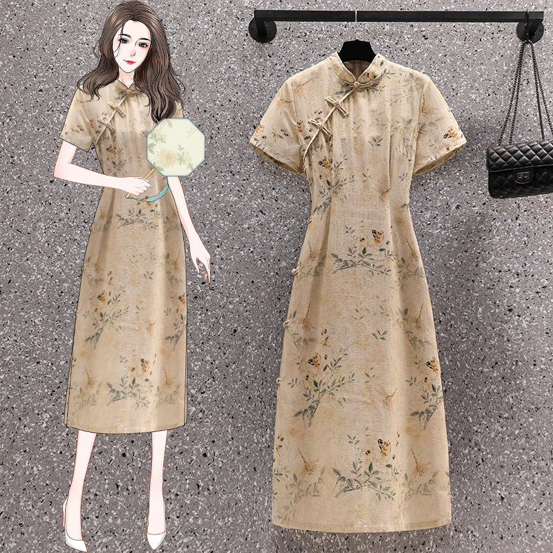 Plus Size Cream Cheongsam Midi Dress