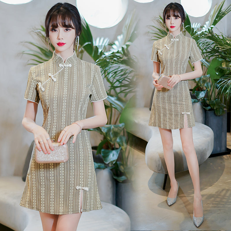 Plus Size Vintage Slit Checked Cheongsam Dress