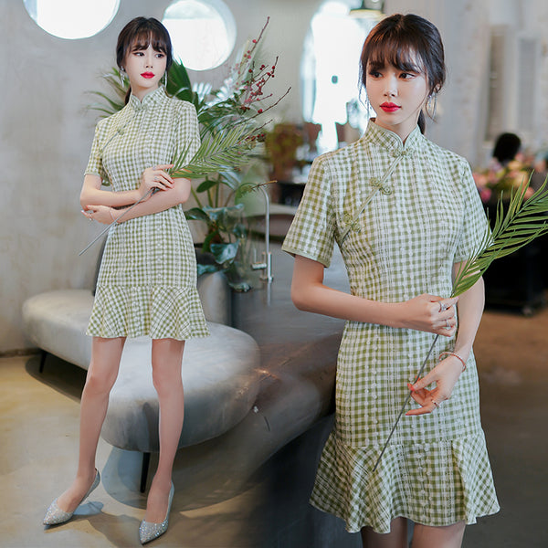 Plus Size Green Checks Mermaid Cheongsam