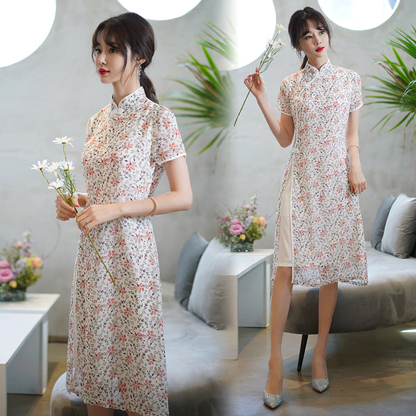 Plus Size White Floral Chiffon Layer Midi Cheongsam