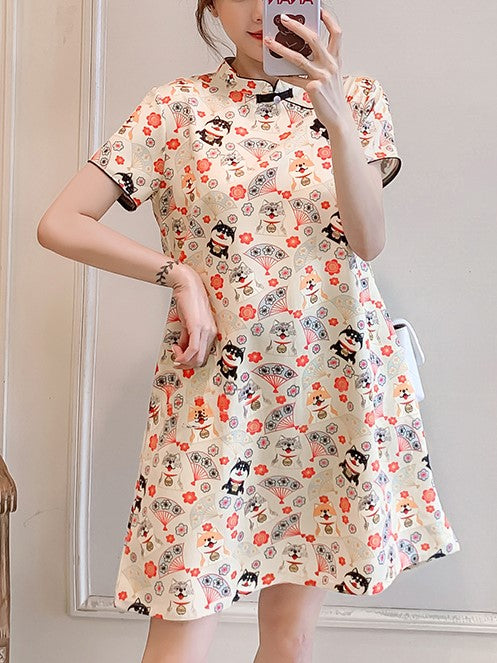 Plus Size Japanese Dog Print Cheongsam Dress