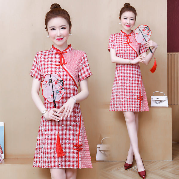 Plus Size Red Cutout Vintage Checked Cheongsam