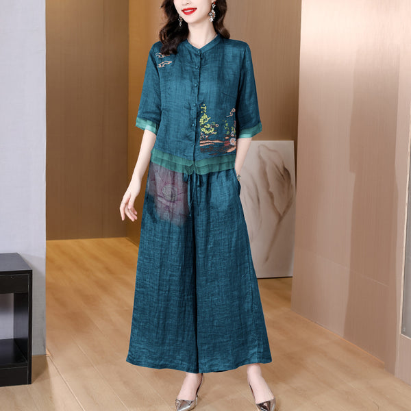 Plus Size Oriental Blouse Cheongsam and Wide Leg Pants Set