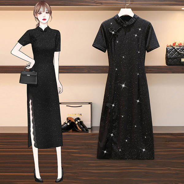 Plus Size Black Sexy Midi Cheongsam