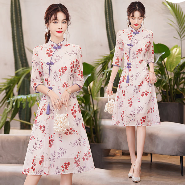 Plus Size Floral Chiffon Cheongsam