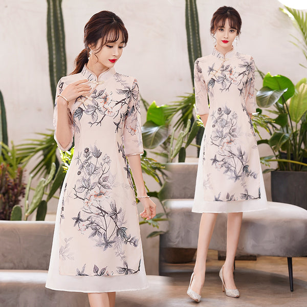 Plus Size Beige Floral Layer Cheongsam