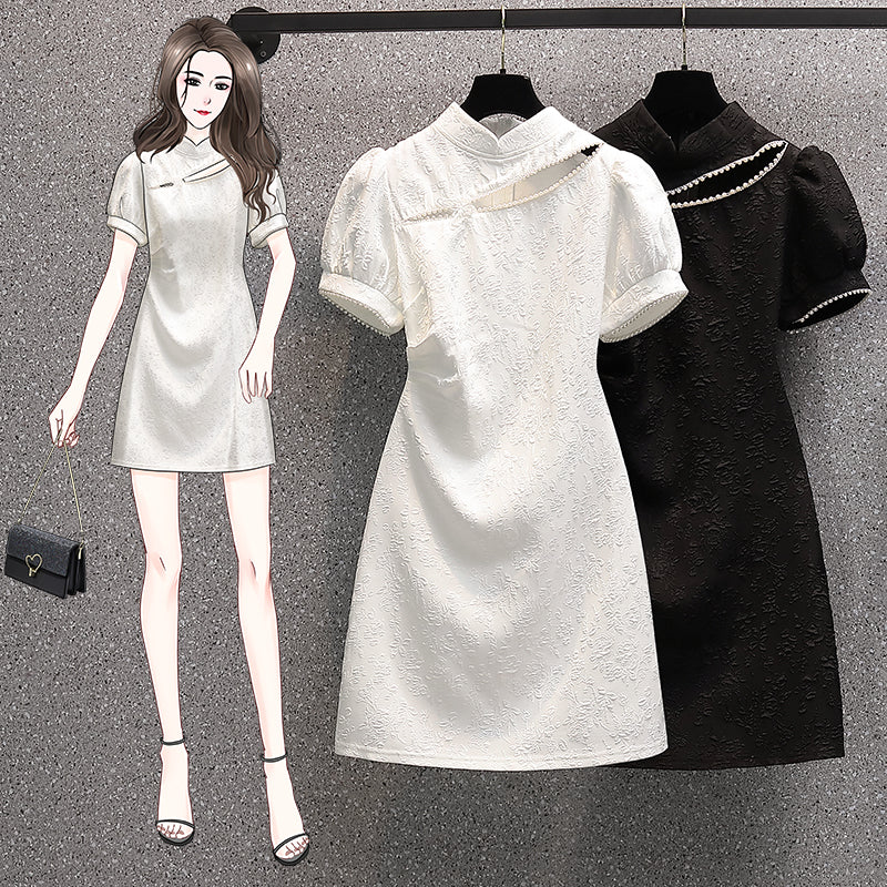 Plus Size Korean Puff Sleeve Cutout Cheongsam