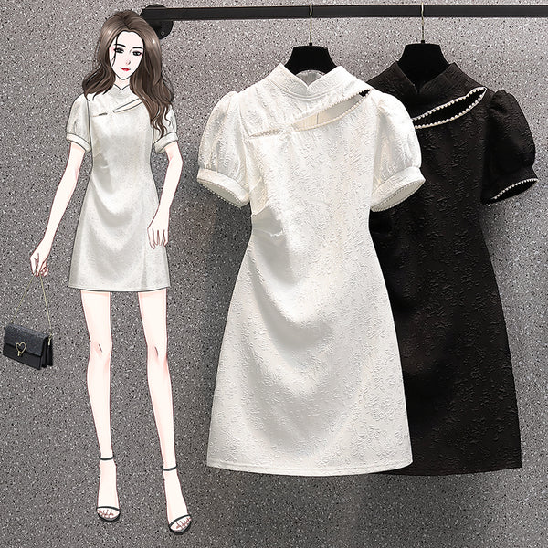 Plus Size Korean Puff Sleeve Cutout Cheongsam