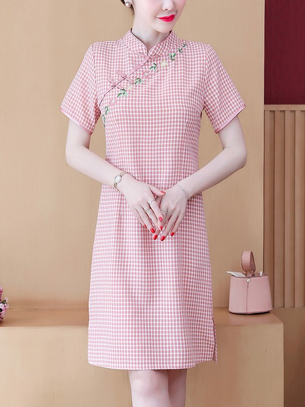 Plus Size Pink Gingham Checked Cheongsam