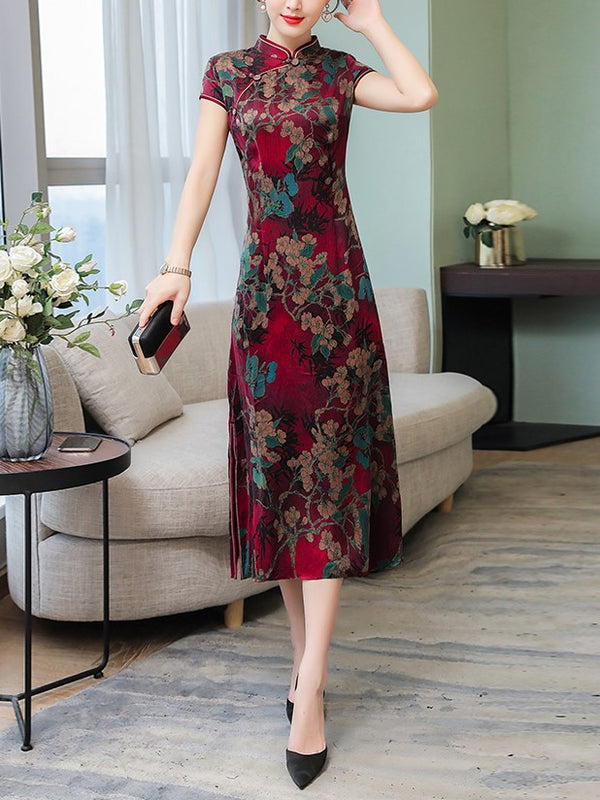 Plus Size Floral Cheongsam Midi Dress