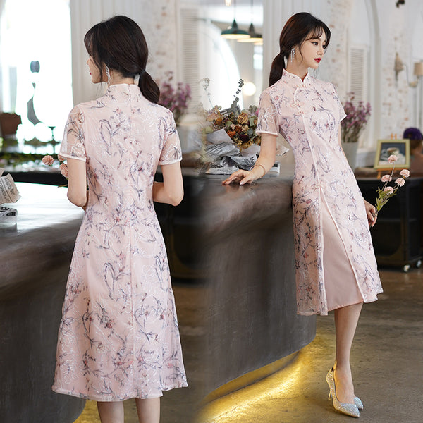 Plus Size Pink Floral Chiffon Cheongsam Midi Dress