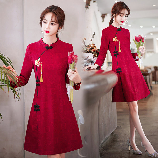 Plus Size Square Lace Tassel Red Cheongsam