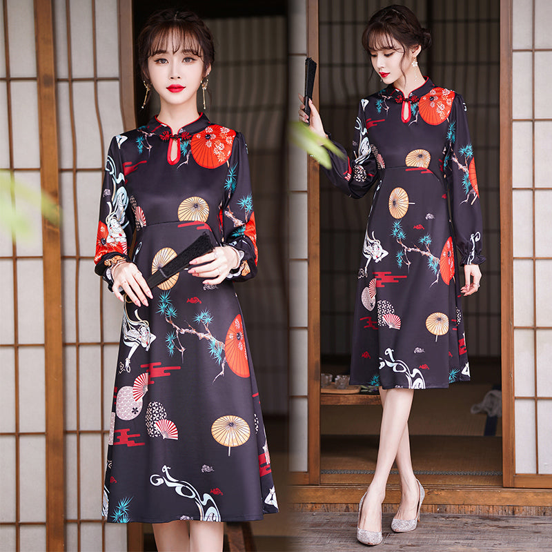 Plus Size Japanese Fan Cheongsam