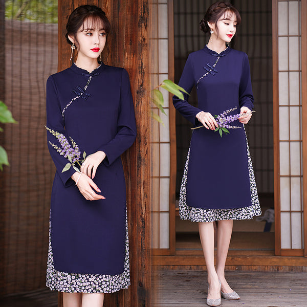 Plus Size Blue Floral Layer Cheongsam