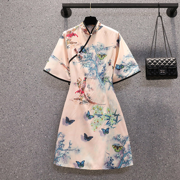 Plus Size Pink Oriental Print Cheongsam Dress