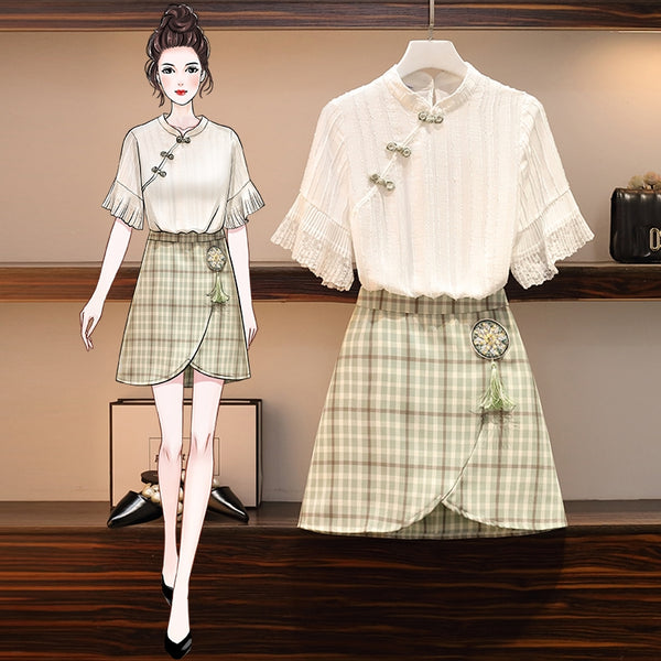 Plus Size White Lace Cheongsam Blouse and Check Skirt Set