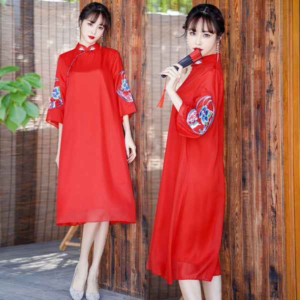 Plus Size Bright Red Embroidered Cheongsam Midi Dress