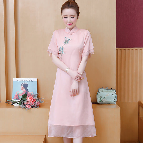 Plus Size Pink Floral Chiffon Layer Cheongsam Dress
