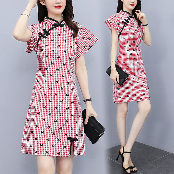Plus Size Flutter Sleeve Red Checked Cheongsam