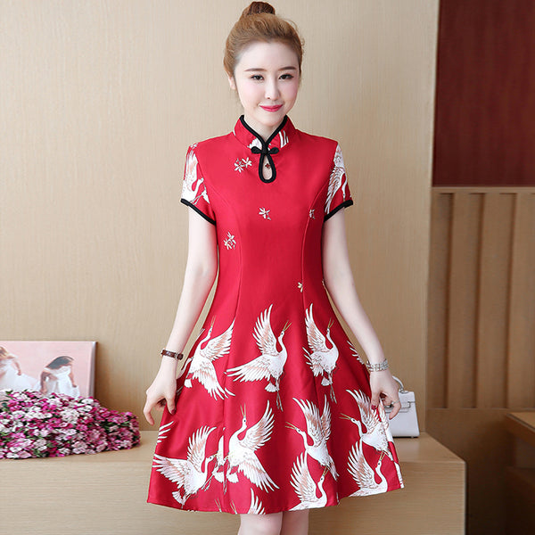 Plus Size Phoenix Print Red Modern Cheongsam