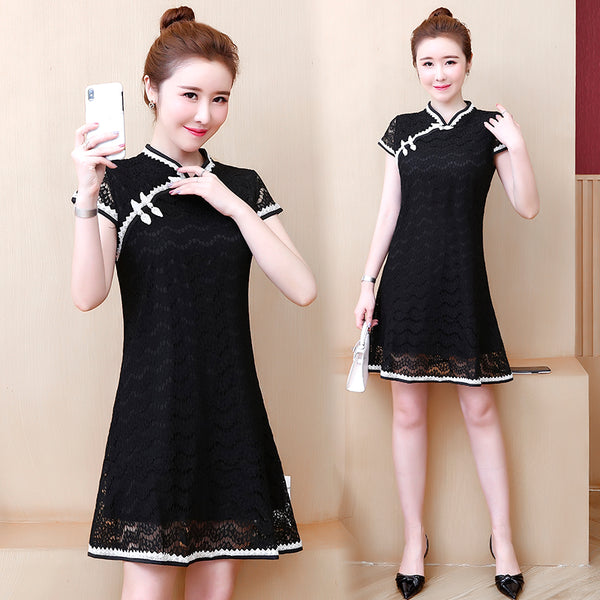 Plus Size Black Lace A Line Cheongsam