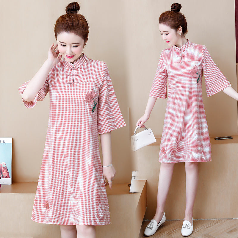 Plus Size Pink Gingham Cheongsam