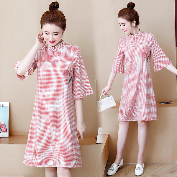 Plus Size Pink Gingham Cheongsam