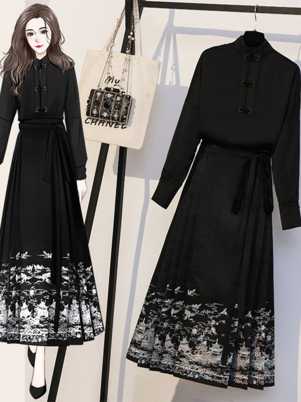 Plus Size Chinese Black Long Sleeve Blouse And Matching Skirt Set
