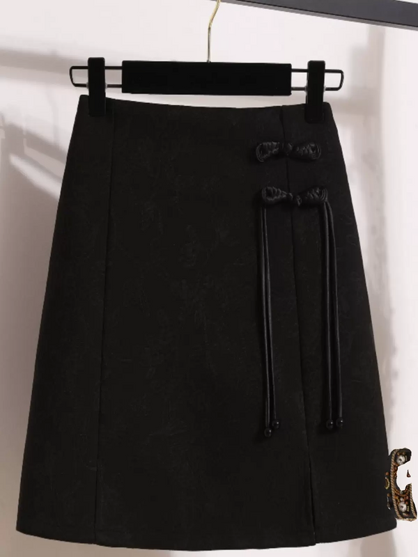 Plus Size Chinese Button Black Short Skirt