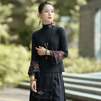 Plus Size Chinese Ethnic Embroidery Turtleneck Long Sleeve Top