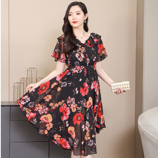 Plus Size Chinese Floral Chiffon Dress
