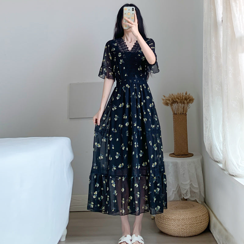 strapless open back dress Plus Size Black Floral Chiffon Midi Dress – Pluspreorder