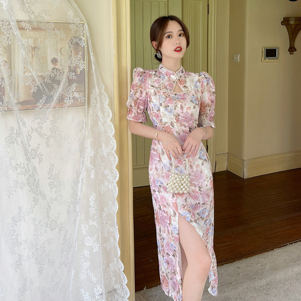 Plus Size Floral Pearl Midi Cheongsam