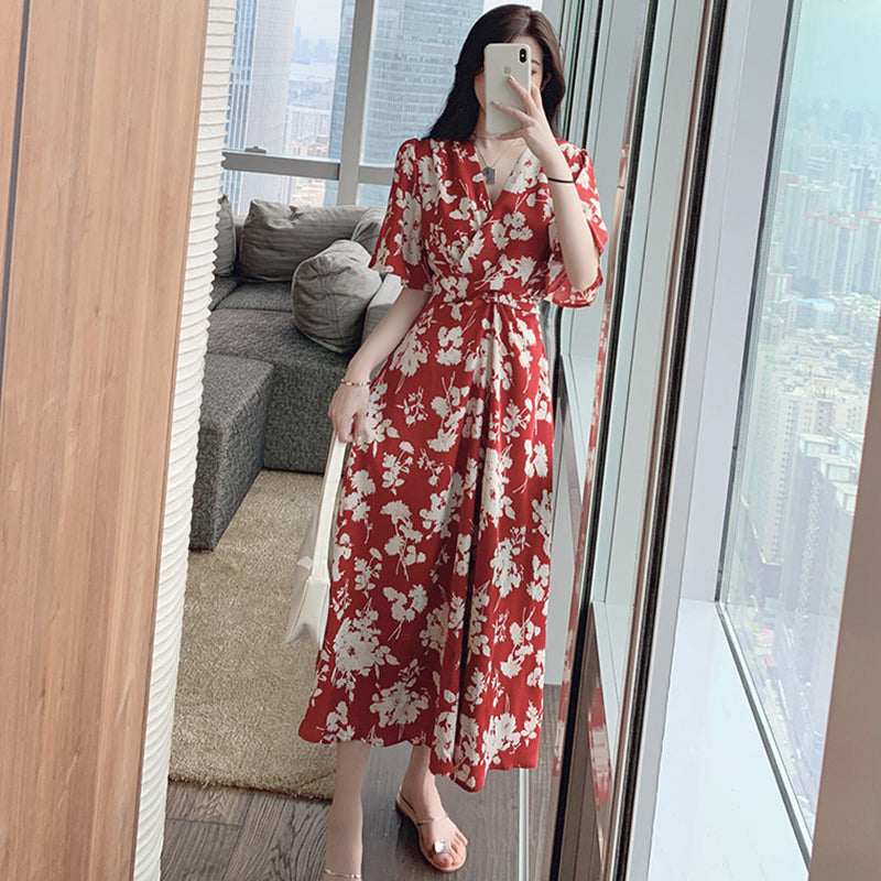 Plus Size Red Wrap Floral Midi Dress Pluspreorder