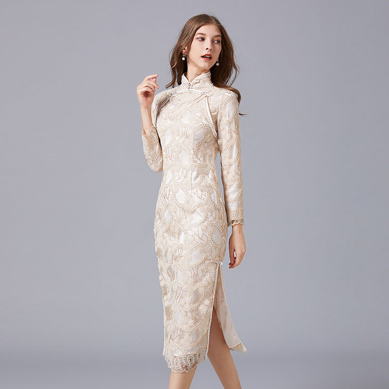 Plus Size Pearl Gold Lace Cheongsam Formal Dress Pluspreorder