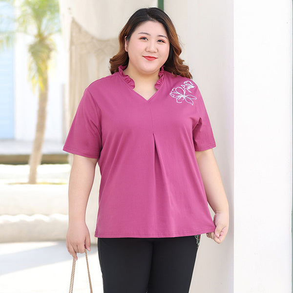 Plus Size 100% Cotton Floral Embroidery Notch Neck T Shirt (Extra Big Size)