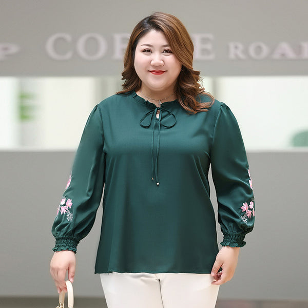 Plus Size Green Floral Embroidered Long Sleeve Blouse (Extra Big Size)