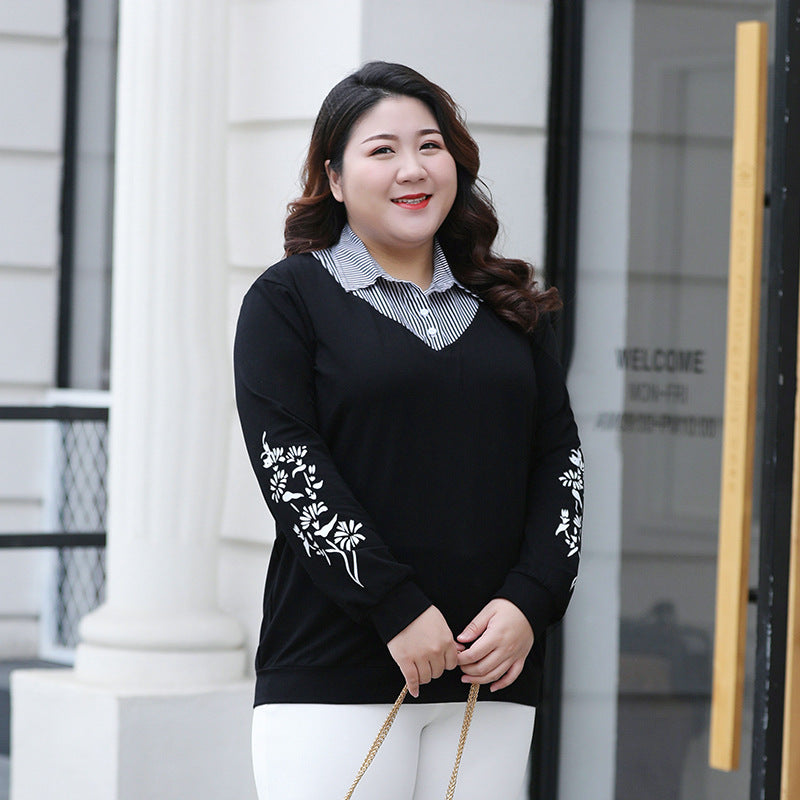 Plus Size Black Stripe Floral Sleeve Work Long Sleeve Shirt Blouse (Extra Big Size)