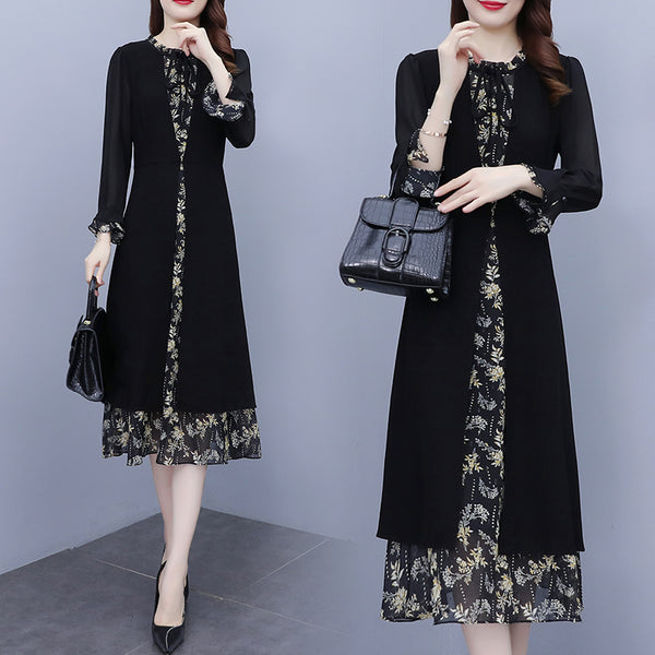 Plus Size Floral Layer Black Work Long Sleeve Midi Dress