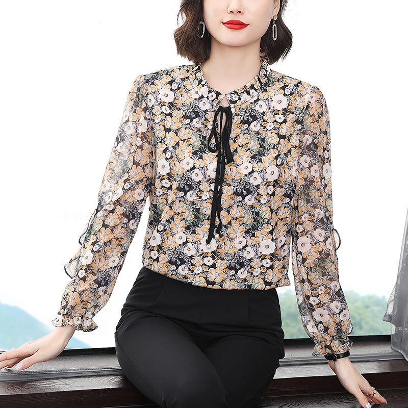 Plus Size Ditsy Floral Frill Long Sleeve Blouse