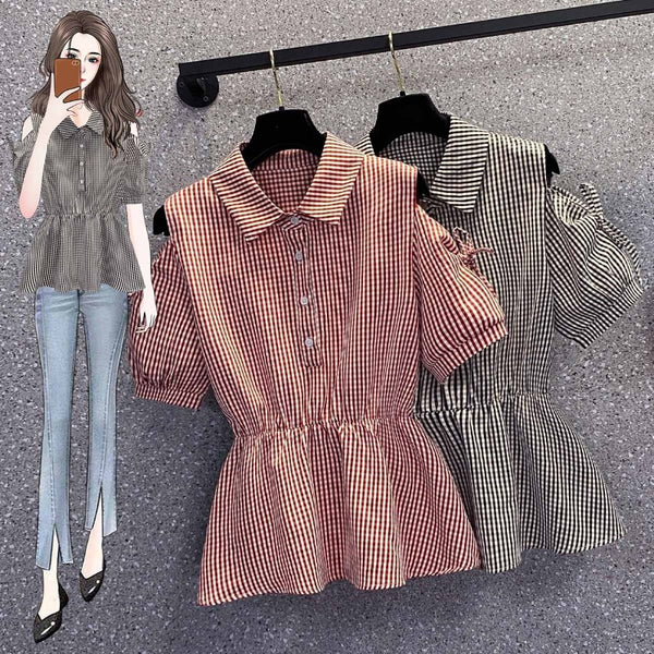 Plus Size Gingham Off Shoulder Peplum Blouse