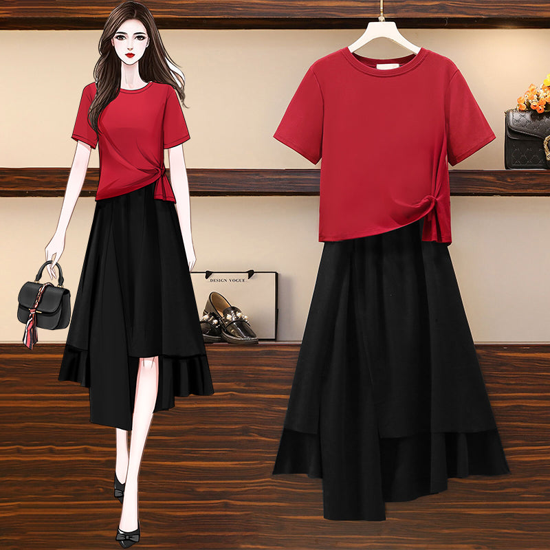 Plus size Korean red top and skirt set