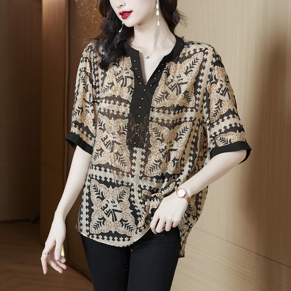 Plus Size Black Print Ethnic Blouse
