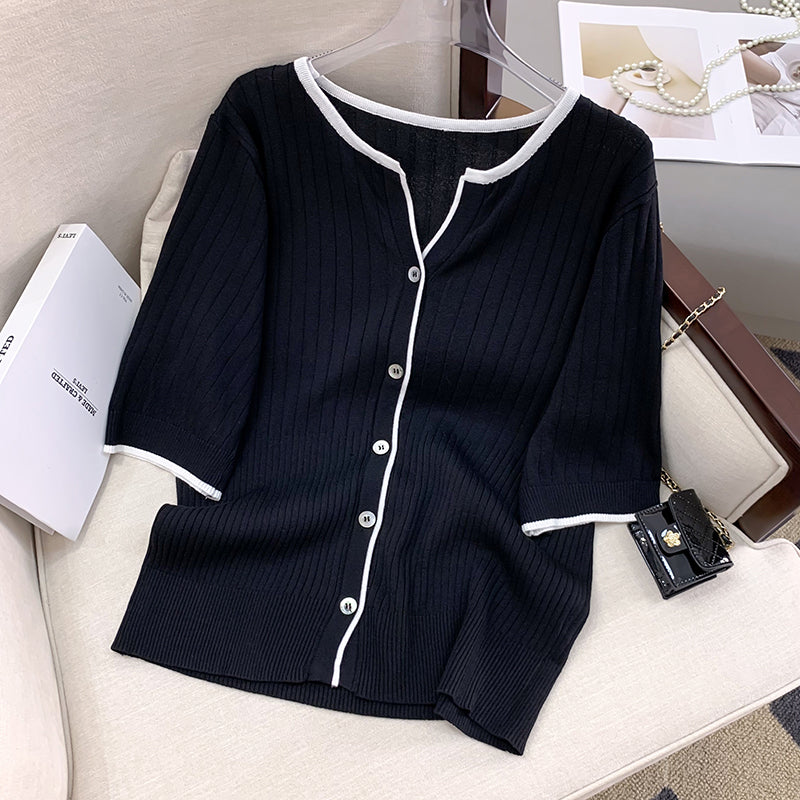 Plus Size Korean Knit Rib Notch Neck Blouse