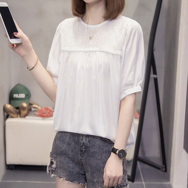 Plus Size Lace Yoke White Blouse