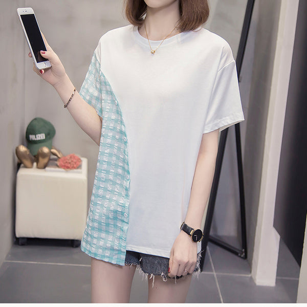Plus Size Gingham Side Button T Shirt