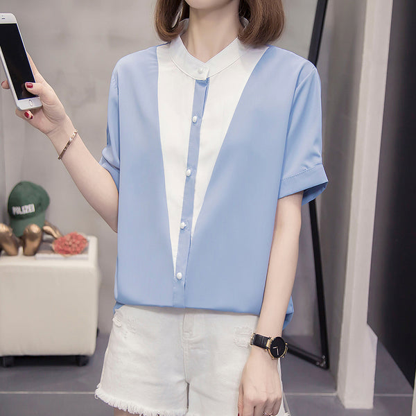 Plus Size Blue Mandarin Collar Button Colourblock Shirt Blouse