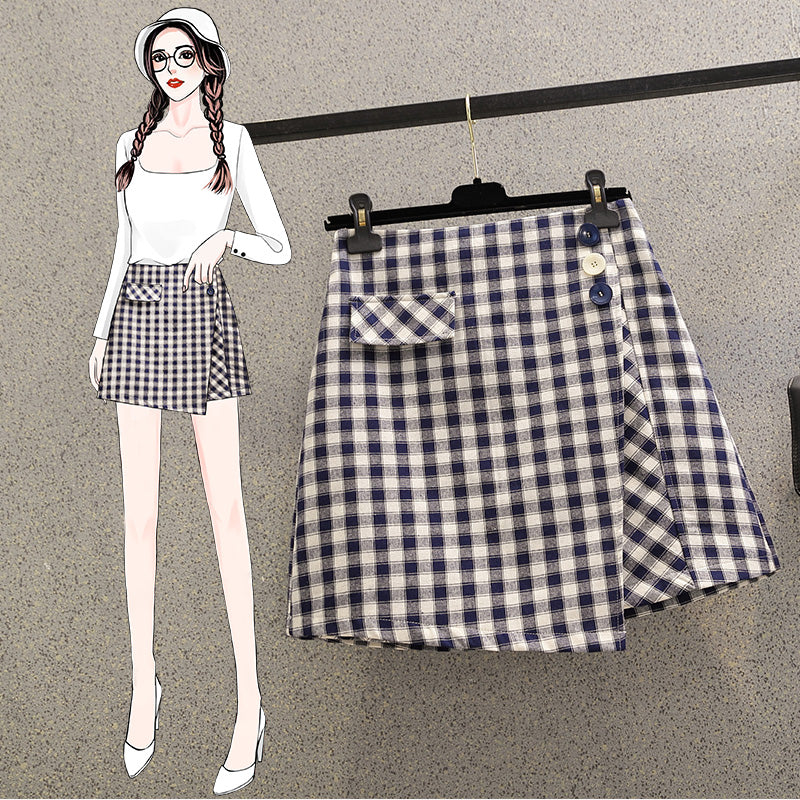 Plus Size Checks Button Wrap Skirt