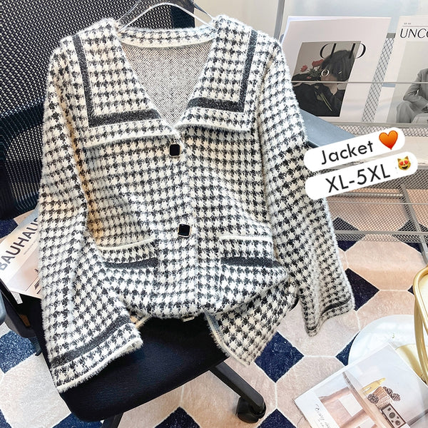 Plus Size Korean Tweed Houndstooth Jacket