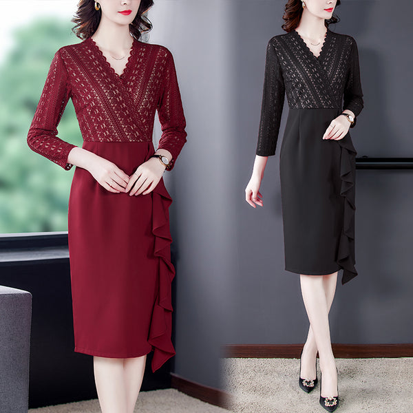 Plus Size Wrap Frill Lace Pencil Dress